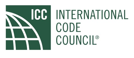 The International Code Council logo with a quarter of a globe on a forest green background.